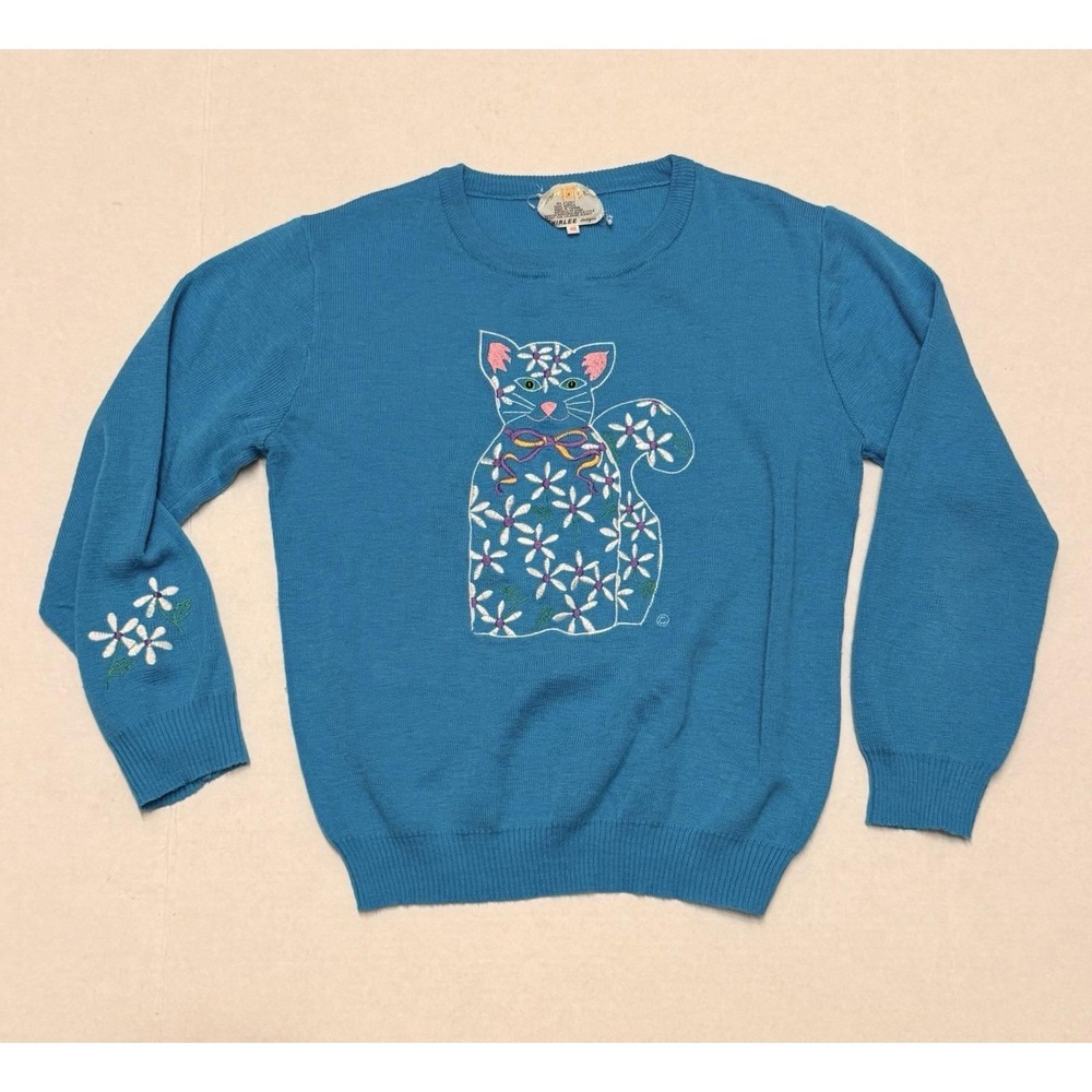 Vintage Cyn Les Shirlee Sweater Whimsy Size 42 L‎ Blue Floral Embroidered Cats